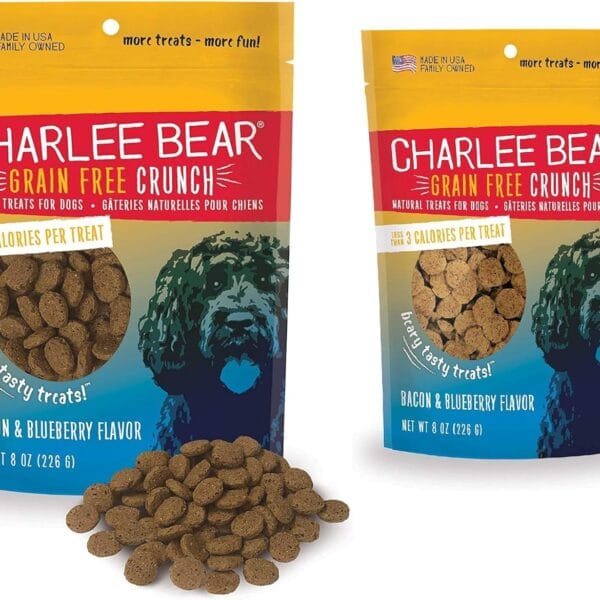 Charlee Bear Dog Training Treats for Small, Medium & Large Breeds, Crunchy Low Calorie Grain Free Dog Treats, USA Made, Bacon & Blueberry 2 Pack, 8oz Each