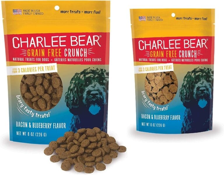 Charlee Bear Dog Training Treats for Small, Medium & Large Breeds, Crunchy Low Calorie Grain Free Dog Treats, USA Made, Bacon & Blueberry 2 Pack, 8oz Each