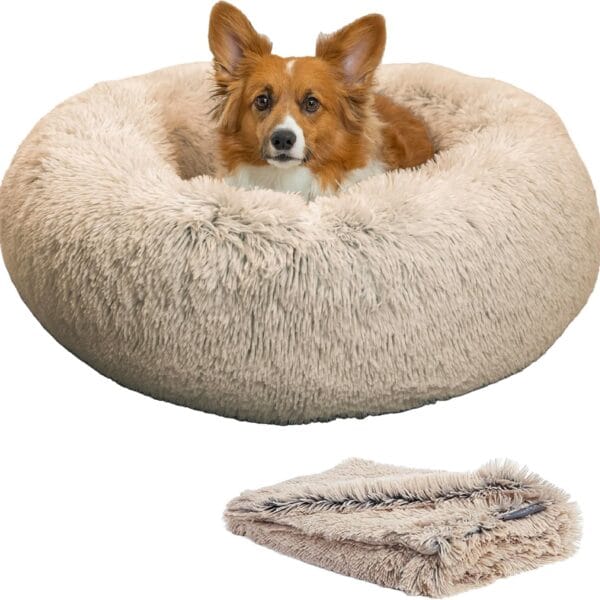 Best Friends by Sheri Bundle Set The Original Calming Shag Donut Cuddler Cat and Dog Bed + Pet Throw Blanket, Taupe, Medium 30x30