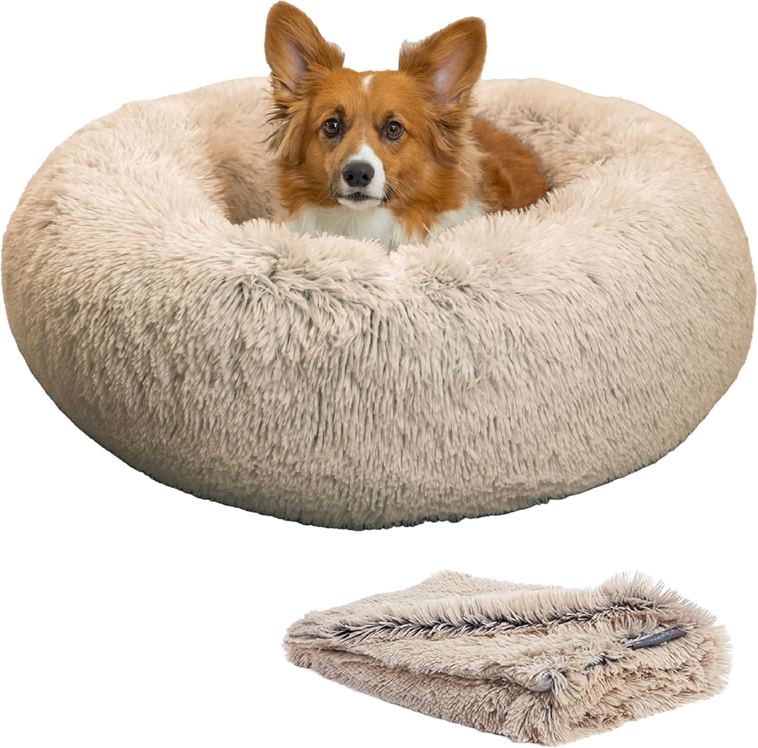 Best Friends by Sheri Bundle Set The Original Calming Shag Donut Cuddler Cat and Dog Bed + Pet Throw Blanket, Taupe, Medium 30x30 Best Friends by Sheri Bundle Set The Original Calming Shag Donut Cuddler Cat and Dog Bed + Pet Throw Blanket, Taupe, Medium 30x30