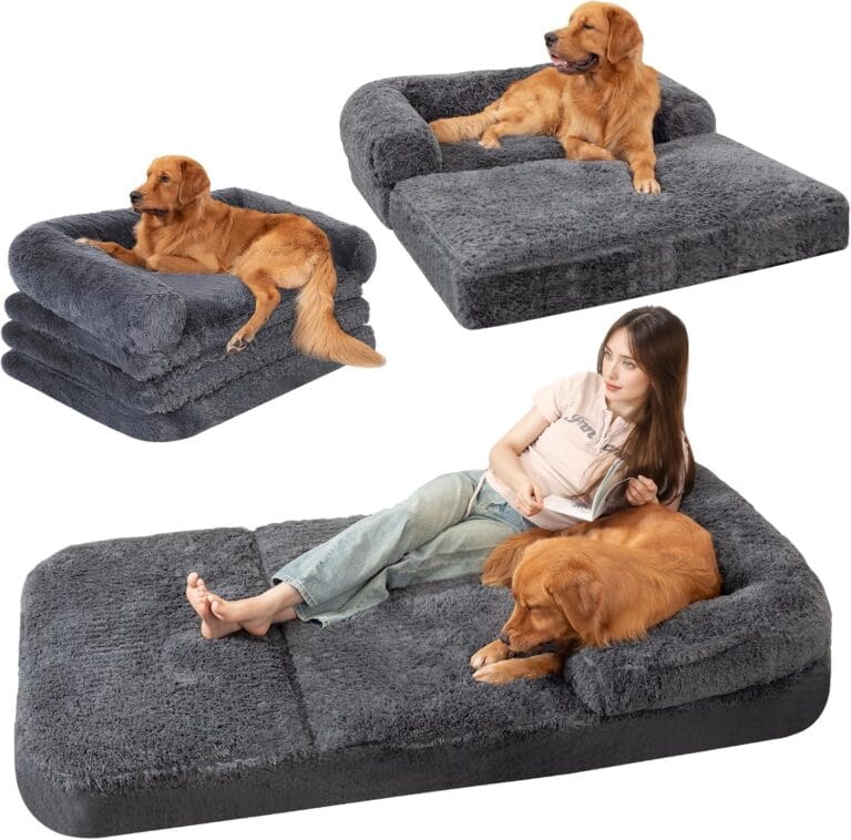Foldable Human Dog Sofa Bed, 73x42x10 in Faux Fur Orthopedic Pet Bed with Egg Foam Mattress, Portable Dog Bed for Adults, Camping Indoor Use