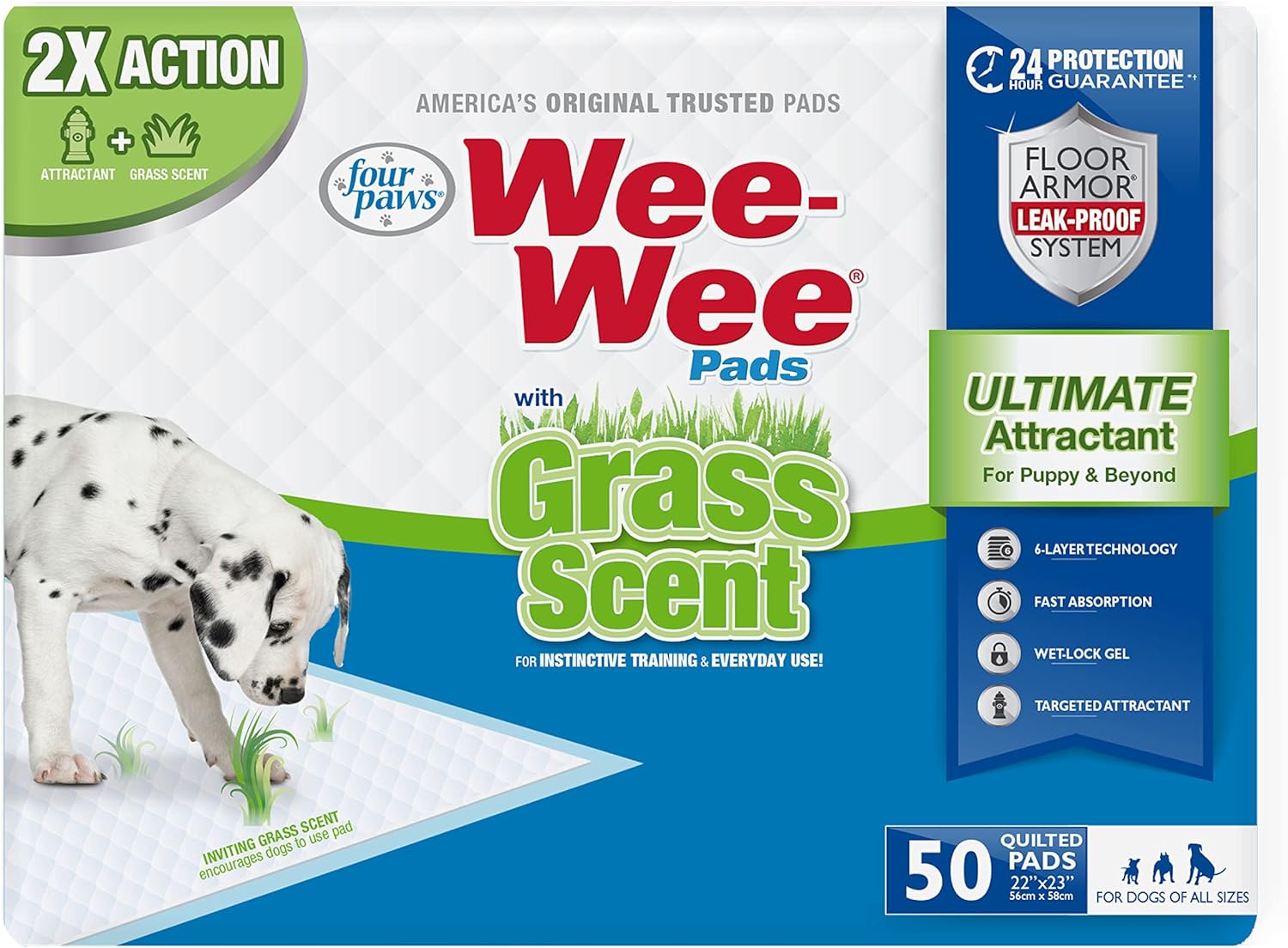 Four Paws Wee-Wee Ultimate Attractant Dog Pee Pads for Instinctive Training, Leak-Proof Floor Protection Dog & Puppy Quilted Potty Training Pads, Grass Scent, 22" x 23" (50 Count) Four Paws Wee-Wee Ultimate Attractant Dog Pee Pads for Instinctive Training, Leak-Proof Floor Protection Dog & Puppy Quilted Potty Training Pads, Grass Scent, 22" x 23" (50 Count)