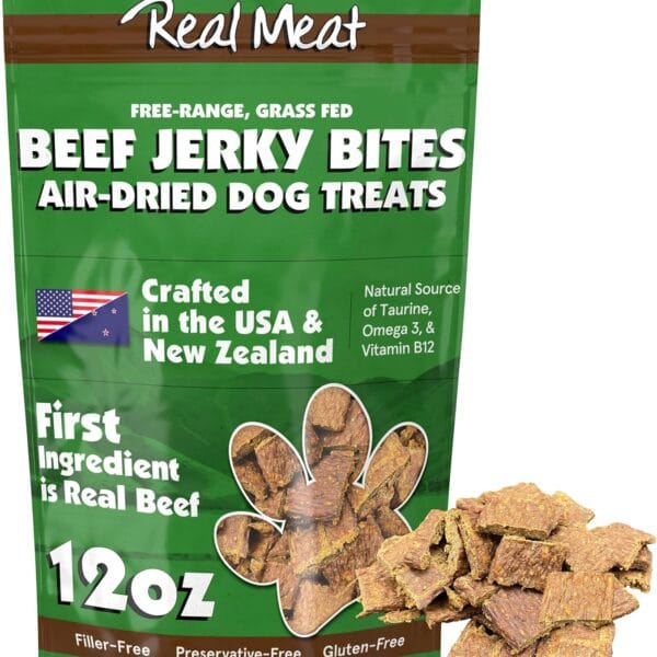 Real Meat Dog Treats - 12oz Bag of Bite-Sized Air-Dried Beef Jerky for Dogs - Grain-Free Jerky Dog Treats Made up of 95% Human-Grade, Free-Range, Grass Fed Beef - All-Natural High Protein Dog Treats