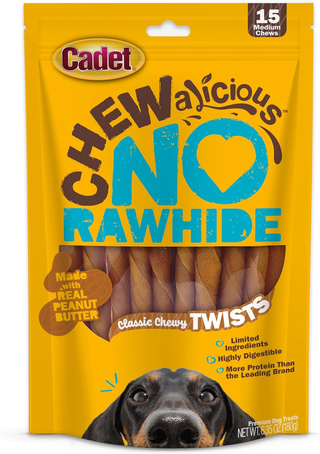 Cadet Chewalicious Classic Chewy Twists with Real Peanut Butter, Rawhide-Free Healthy Dog Chews, Limited-Ingredient & Long-Lasting Chew Treats for Dogs, Peanut Butter Flavor, 15 Count Cadet Chewalicious Classic Chewy Twists with Real Peanut Butter, Rawhide-Free Healthy Dog Chews, Limited-Ingredient & Long-Lasting Chew Treats for Dogs, Peanut Butter Flavor, 15 Count