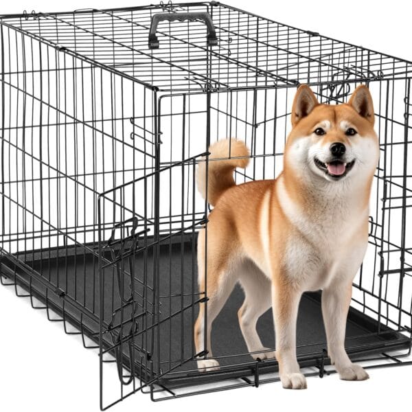 Simple Deluxe 30-Inch Medium Dog Crate with Divider, Double Door Folding Metal Wire Cage with Leak-Proof Plastic Tray, Portable Pet Kennel for Indoor, Outdoor, and Travel
