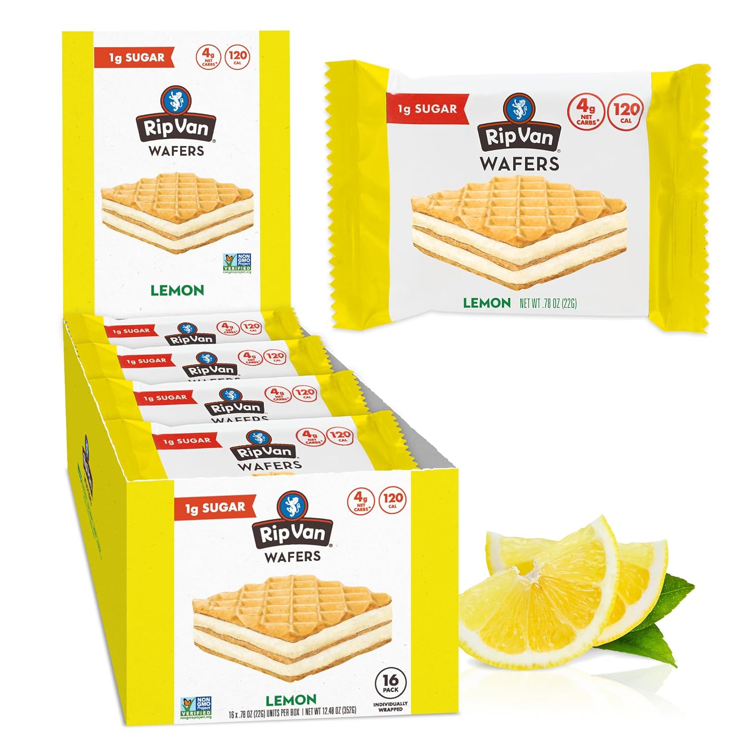Rip Van Wafels Lemon Cookies, 16 Count, 1g Sugar, 4g Carbs, Vegan, Keto Friendly, Low Calorie, 0g Trans Fat, 120 Calories, 6g Fiber Rip Van Wafels Lemon Cookies, 16 Count, 1g Sugar, 4g Carbs, Vegan, Keto Friendly, Low Calorie, 0g Trans Fat, 120 Calories, 6g Fiber