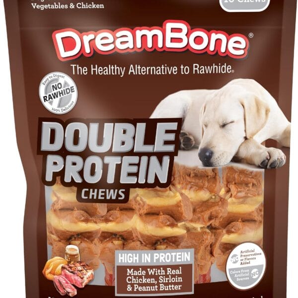Dreambone Double Protein Chews Made with Real Chicken, Sirloin and Peanut Butter, 10 Count, Rawhide-Free Chews for Dogs, 9.80 Ounce (Pack of 1)