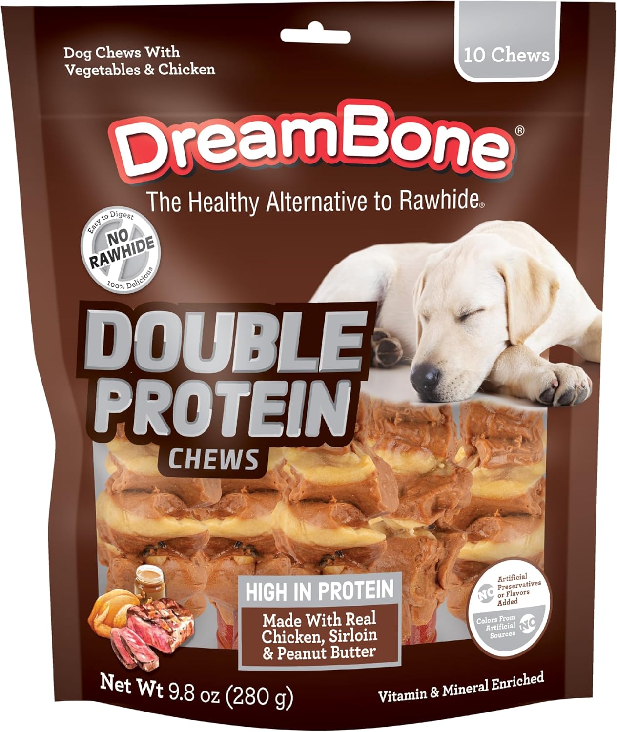Dreambone Double Protein Chews Made with Real Chicken, Sirloin and Peanut Butter, 10 Count, Rawhide-Free Chews for Dogs, 9.80 Ounce (Pack of 1) Dreambone Double Protein Chews Made with Real Chicken, Sirloin and Peanut Butter, 10 Count, Rawhide-Free Chews for Dogs, 9.80 Ounce (Pack of 1)