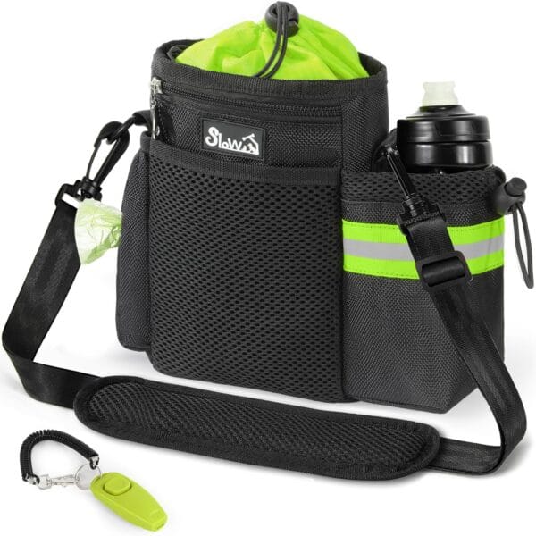 SlowTon Dog Treat Pouch - 4 Ways to Wear Dog Treat Bag with 2-in-1 Whistle Clicker, Adjustable Waist Belt, Metal Clip, Water Bottle Holder, Built-in Poop Bag Dispenser for Pet Training(Green)