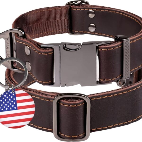 ADITYNA Leather Dog Collar with Metal Buckle - Heavy-Duty, Adjustable for Medium & Large Dogs - Walking, Training, Hiking (Brown, Fits 15-21" Necks)