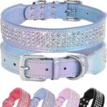 Beirui Bling Rhinestone Dog Collar with Diamonds Studded - Colorful PU Leather Padded Dog Collar 1.5 Inch Wide - Heavy Duty Bedazzled Dog Collar for Medium Large Dogs,19-24",Blue