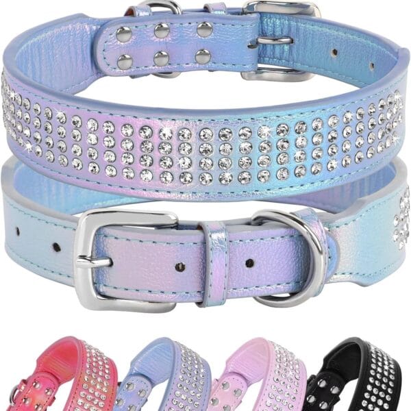 Beirui Bling Rhinestone Dog Collar with Diamonds Studded - Colorful PU Leather Padded Dog Collar 1.5 Inch Wide - Heavy Duty Bedazzled Dog Collar for Medium Large Dogs,19-24",Blue