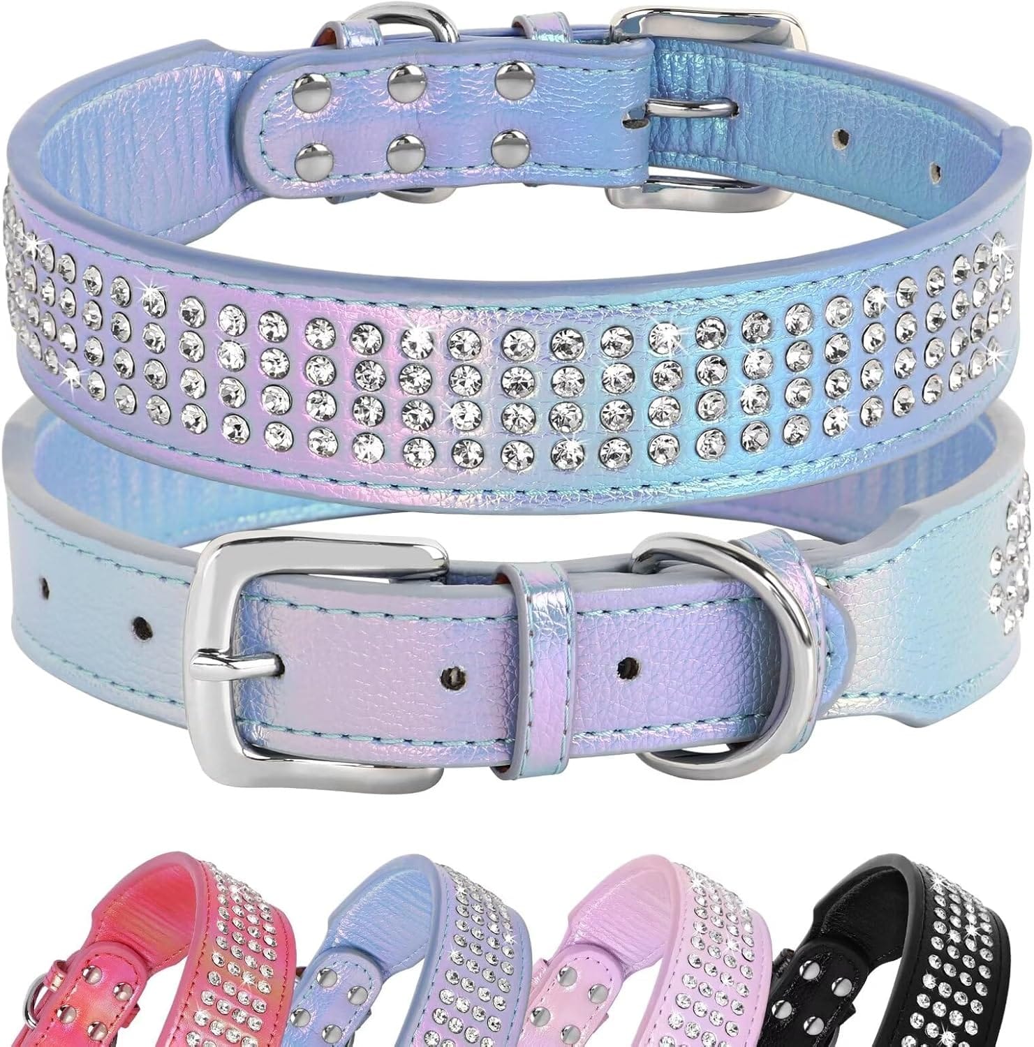 Beirui Bling Rhinestone Dog Collar with Diamonds Studded - Colorful PU Leather Padded Dog Collar 1.5 Inch Wide - Heavy Duty Bedazzled Dog Collar for Medium Large Dogs,19-24",Blue Beirui Bling Rhinestone Dog Collar with Diamonds Studded - Colorful PU Leather Padded Dog Collar 1.5 Inch Wide - Heavy Duty Bedazzled Dog Collar for Medium Large Dogs,19-24",Blue