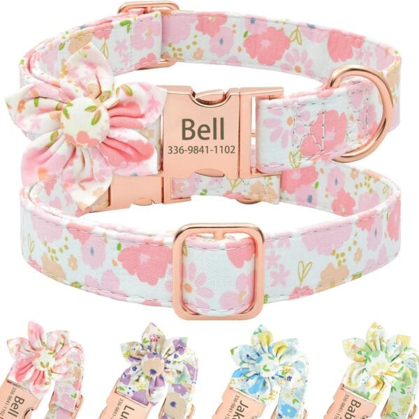 Personalized Cute Flower Girl Dog Collar with Name,Custom Floral Dog Collar with Engraved Gold Buckle for Female Dogs, Small, Medium, Large Dogs