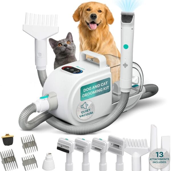 PetCove Dog Grooming Kit  Pet Clippers, Nail Grinder & Blow Dryer with Quiet 3-Speed Suction, 3 Heat Settings, 2.6L Dog Hair Vacuum Dust Bin, HEPA System, Self-Cleaning Brushes