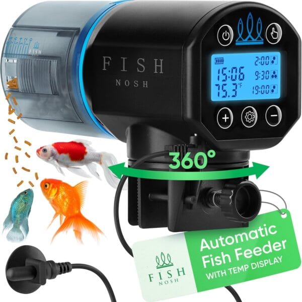 FISHNOSH Automatic Fish Feeder for Aquarium with Digital Thermometer - 2025 Auto Fish Food Dispenser Programmable, Vacation Feeder for Fish, Adjustable Portions, Auto Fish Feeder for Small & Big Tanks