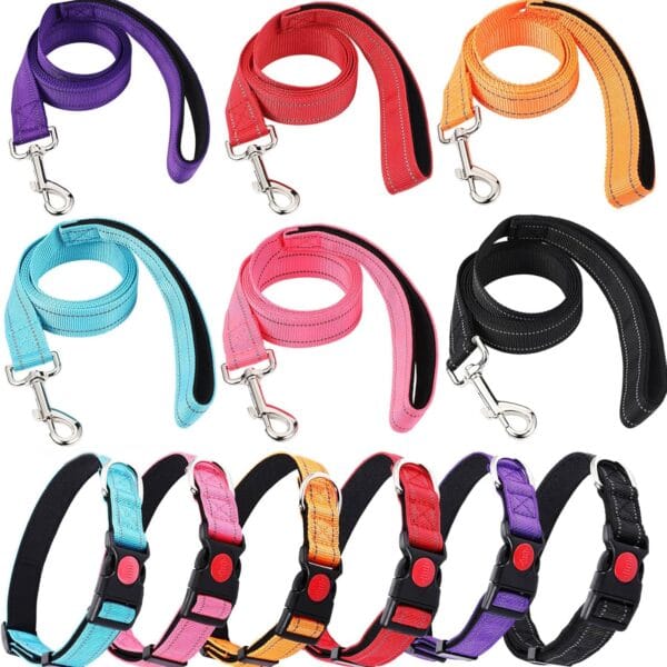6 Sets Reflective Dog Leash and Collar Set, Nylon Leashes Adjustable Dog Collar Heavy Duty Padded Handle Leash for Small Medium Large Dogs Walking Training(Lovely Color)