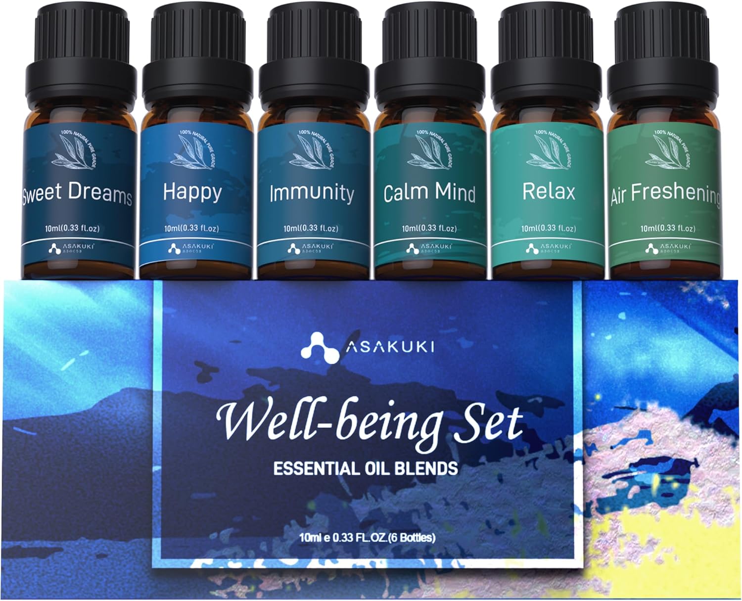 ASAKUKI Essential Oil Blends, Essential Oils for Diffusers for Home, Well-Being Kit- Calm Mind, Sweet Dreams, Happy, Relax, Air Freshening, Immunity for Aromatherapy, Humidifiers, Massage, 6x10ml ASAKUKI Essential Oil Blends, Essential Oils for Diffusers for Home, Well-Being Kit- Calm Mind, Sweet Dreams, Happy, Relax, Air Freshening, Immunity for Aromatherapy, Humidifiers, Massage, 6x10ml