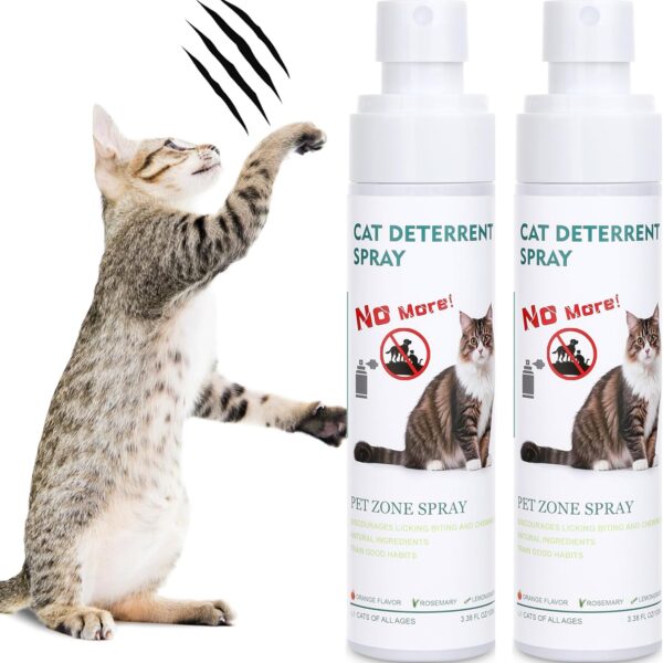 2 Pack Cat Deterrent Spray, Natural Cat Repellent Spray, Anti-Scratch Deterrent for Furniture, Sofas, Rugs, Curtains, Plants, Indoor & Outdoor Repellent Cats Kittens, Non-Toxic, Alcohol-Free