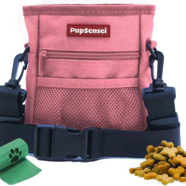 Dog Treat Pouch, Durable Oxford Polyester, No-Spill Magnetic Closure, Treat Pouches for Pet Training with Metal Clip, Waist Belt, Adjustable Strap, Poop Bag Dispenser (Light Pink)