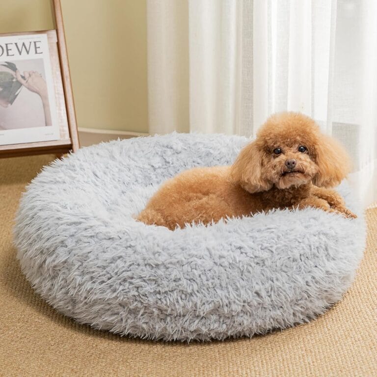 KHONSU PET Calming Donut Cat Bed for Cats & Kittens, Round Plush Cuddler with Chopped Memory Foam, Anti-Anxiety Bolster Support, Machine Washable & Non-Slip