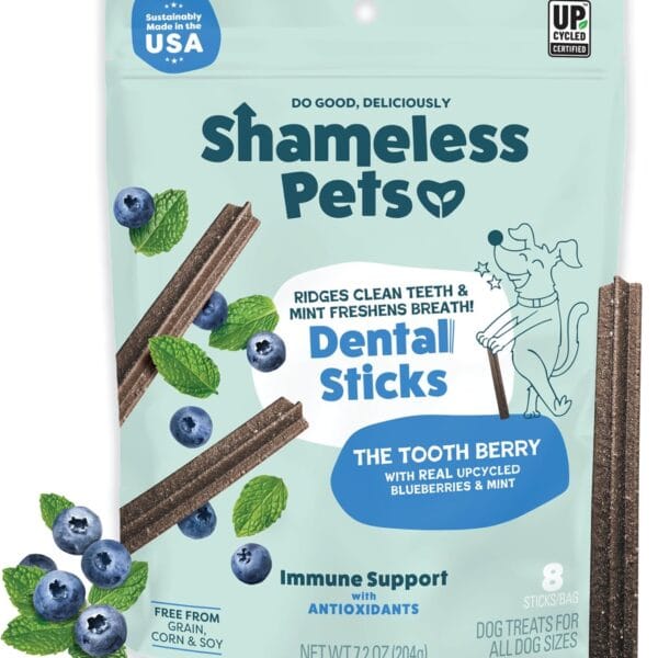 Shameless Pets Dental Treats for Dogs, The Tooth Berry - Healthy Dental Sticks with Immune Support for Teeth Cleaning & Fresh Breath - Free from Grain, Corn & Soy