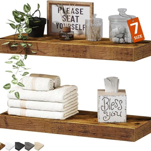 QEEIG Bathroom Floating Shelves for Wall - 15.7" Wall Mounted Shelf Over Toilet Farmhouse Home Decor Display Bookshelf Small 15.7 x 6.7 inch Set of 2, Rustic Brown (008-40BN)