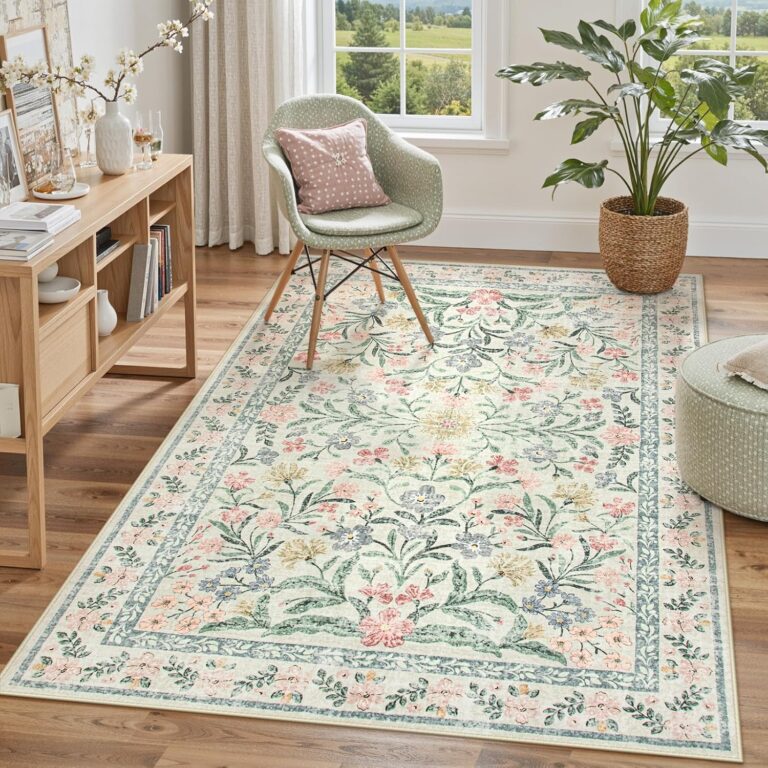 Lahome Boho Rugs for Living Room 5x7, Machine Washable Area Rugs Non-Slip, Vintage Floral Soft Kids Bedroom Carpet Rug for Home Girls Playroom Foyer Entryway, Beige/Multi
