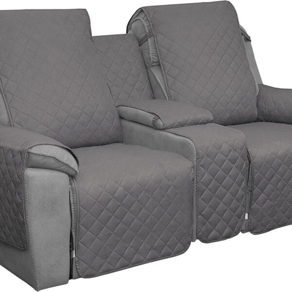 Easy-Going Loveseat Recliner Cover with Console, Reversible Couch Cover for Living Room, Split Sofa Cover for Each Seat with Elastic Straps for Kids, Dogs, Pets(2 Seater, Gray/Light Gray)