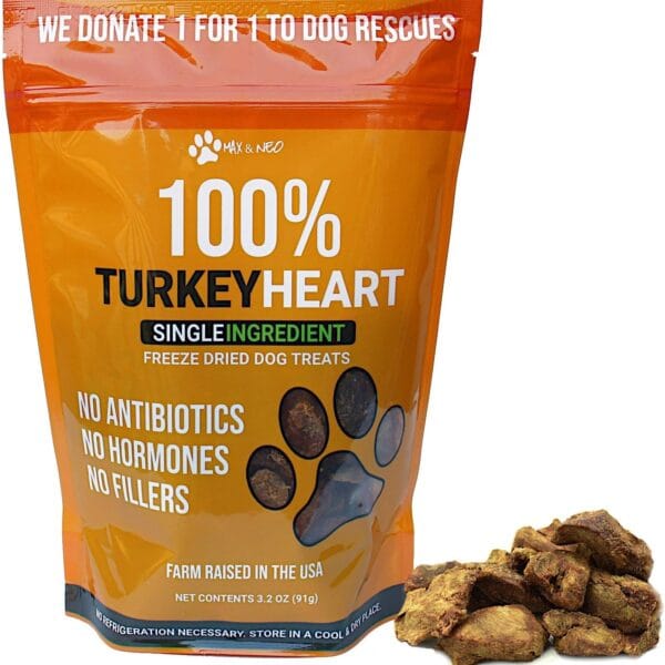 Max and Neo Freeze Dried Turkey Heart Dog Treats - Single Ingredient, Small Farm, Antibiotic Free, Human Grade Turkey Grown in The USA - We Donate 1 for 1 to Dog Rescues for Every Product Sold
