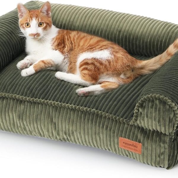 FUKUMARU Dog Couch Bed, Corduroy Cozy Cat Bed for Indoor Cats with Washable Cover, Supportive Waterproof Dog Beds Sofa for Small Dogs and Large Cats Cute, 28inch, Medium, Green