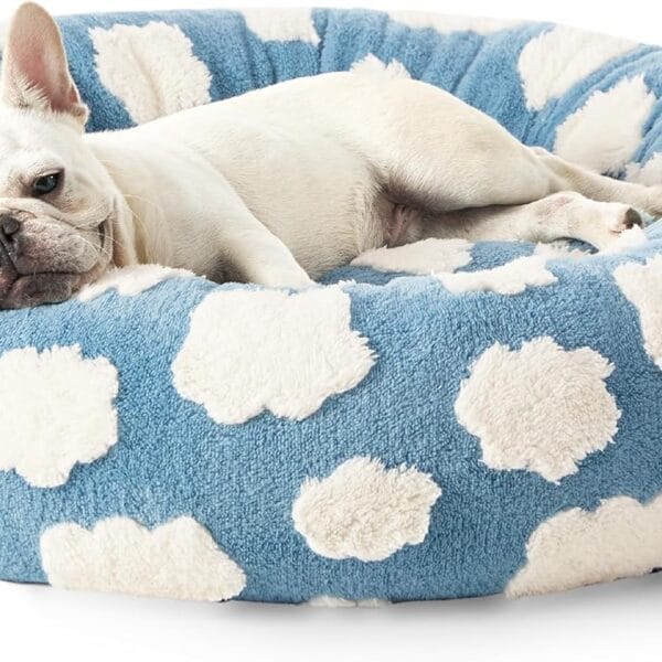LE SURE Donut Dog Bed Medium Size Dog - Round Cat Beds for Indoor Calming Pet with Washable Cover, Cute Modern Puppy Beds with Jacquard Shaggy Plush & Anti Slip Bottom, 30 Inch, Blue