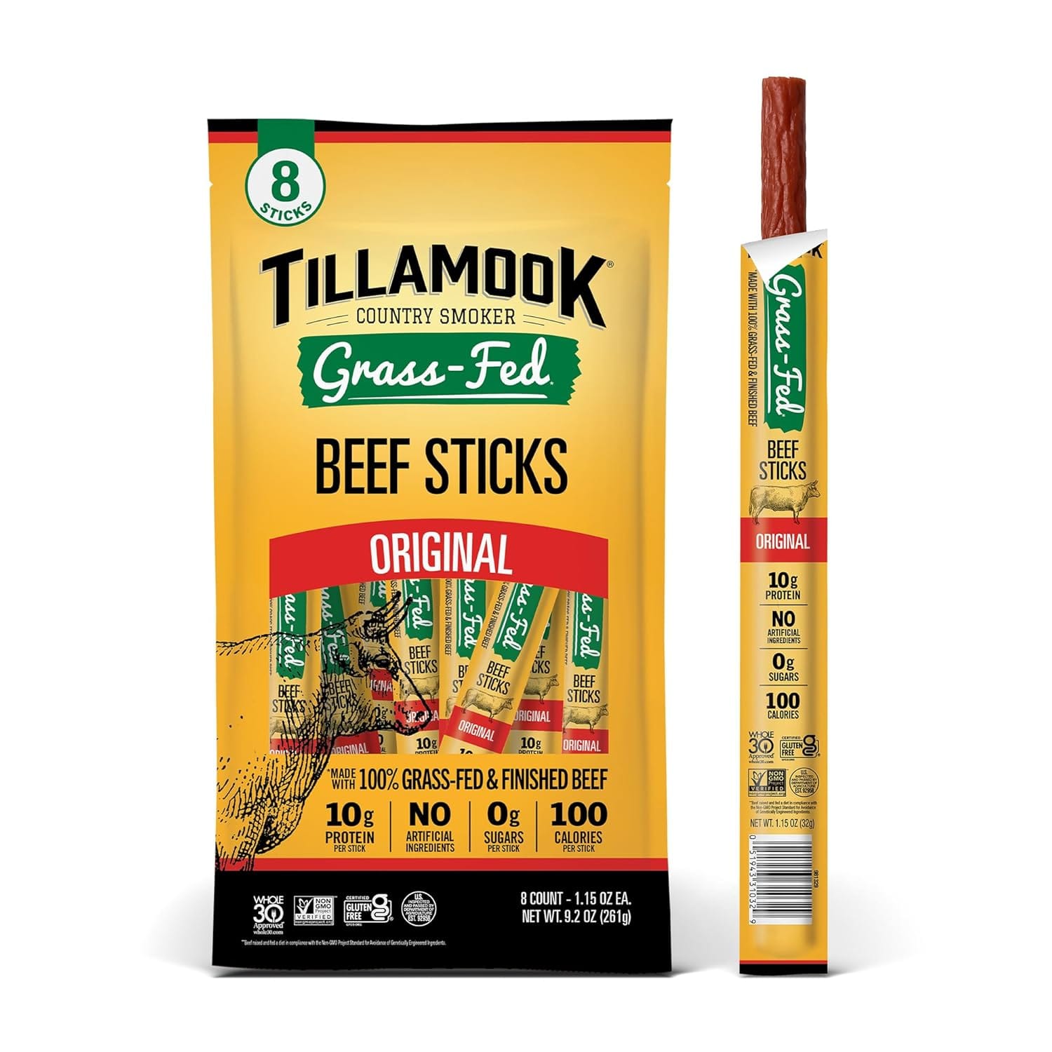 Tillamook Country Smoker 100% Grass Fed Beef Sticks, Zero Sugar, Original, 1.15 Ounce (Pack of 8) Whole 30 Approved, Non GMO Clean Meat Snacks, High Protein, Gluten Free, Individually Wrapped Tillamook Country Smoker 100% Grass Fed Beef Sticks, Zero Sugar, Original, 1.15 Ounce (Pack of 8) Whole 30 Approved, Non GMO Clean Meat Snacks, High Protein, Gluten Free, Individually Wrapped