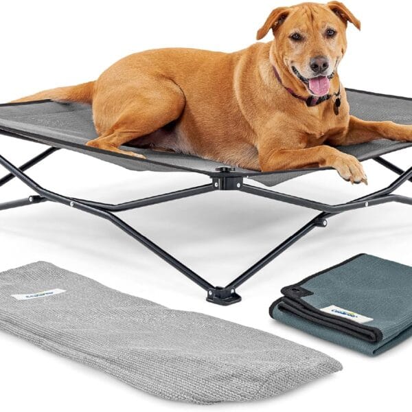 Coolaroo On-The-Go Elevated Dog Bed Kit  Portable & Cooling Travel Cot with HeatShield Fabric for Large Dogs, Lightweight & Compact, Includes Matching Carry Bag & Pacific Blue Bonus Cover, Large