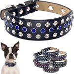 Designer Diamond Rhinestone Dog Collar - Fancy Bling Luxury Microfiber Leather Sparkly Cute Studded Adjustable Length for All Breeds Size S M L (Medium 13"-17", Sapphire Blue | Clear White Crystals)