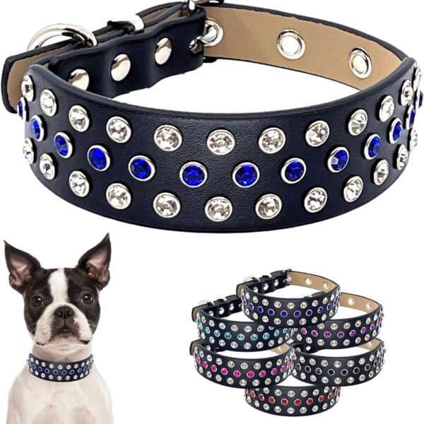 Designer Diamond Rhinestone Dog Collar - Fancy Bling Luxury Microfiber Leather Sparkly Cute Studded Adjustable Length for All Breeds Size S M L (Medium 13"-17", Sapphire Blue | Clear White Crystals)