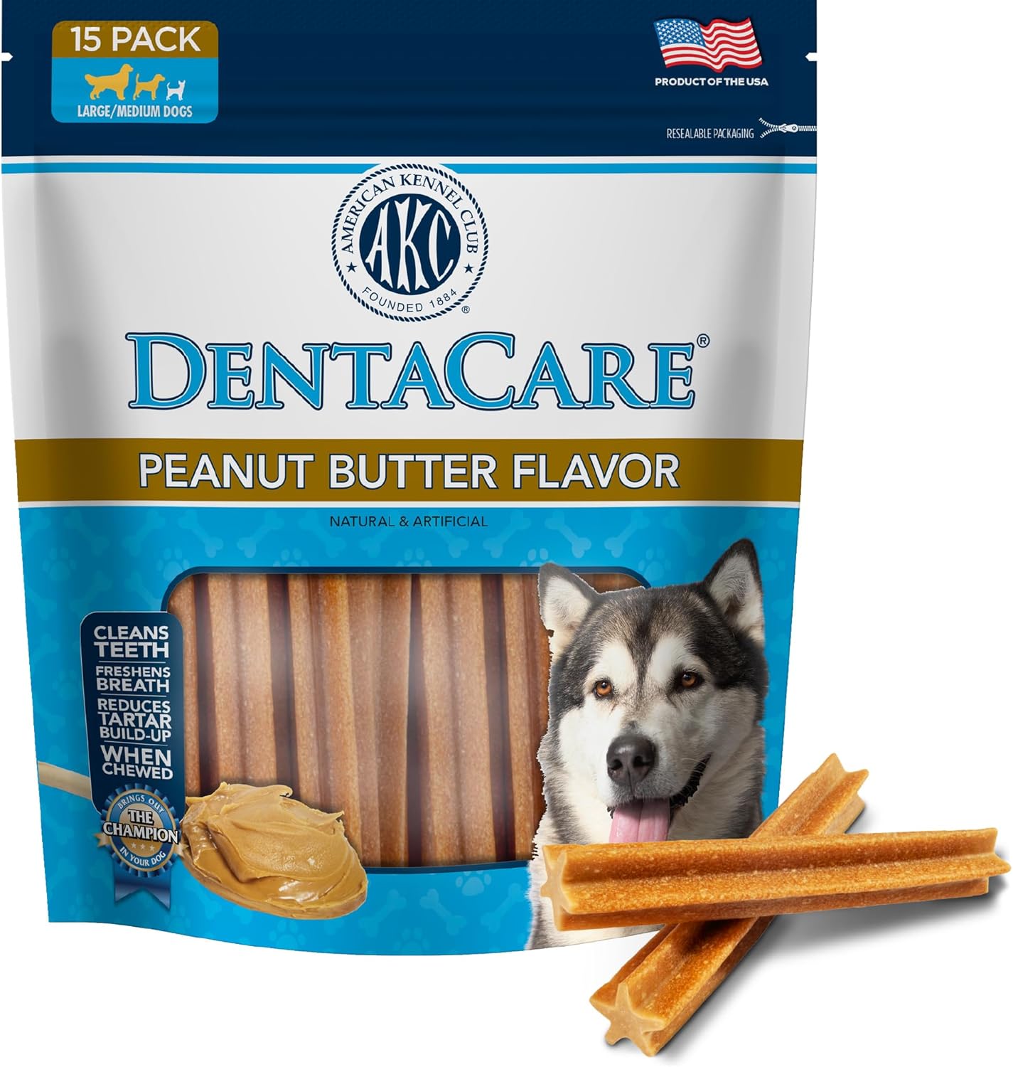 AMERICAN KENNEL CLUB Dentacare Large Breed Peanut Flavored Dental Dog Treats, Naturally Flavored, 15 Count AMERICAN KENNEL CLUB Dentacare Large Breed Peanut Flavored Dental Dog Treats, Naturally Flavored, 15 Count