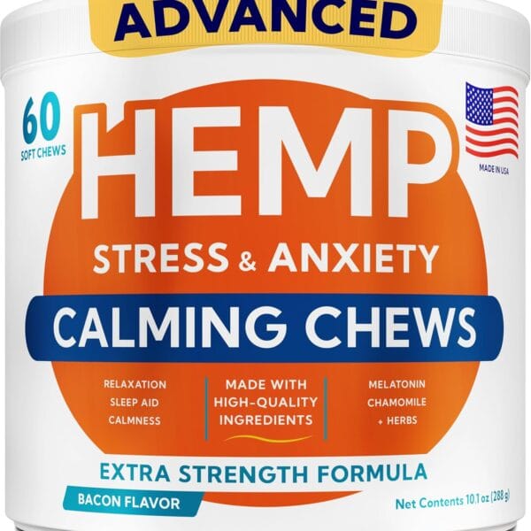 Advanced Calming Chews for Dogs - Hemp Treat + Melatonin + Valerian - Relaxing Bites - Calming Care - Anti-Anxiety & Stress Relief - Made in USA - Calm, Sleep Aid, Storms - 60Ct