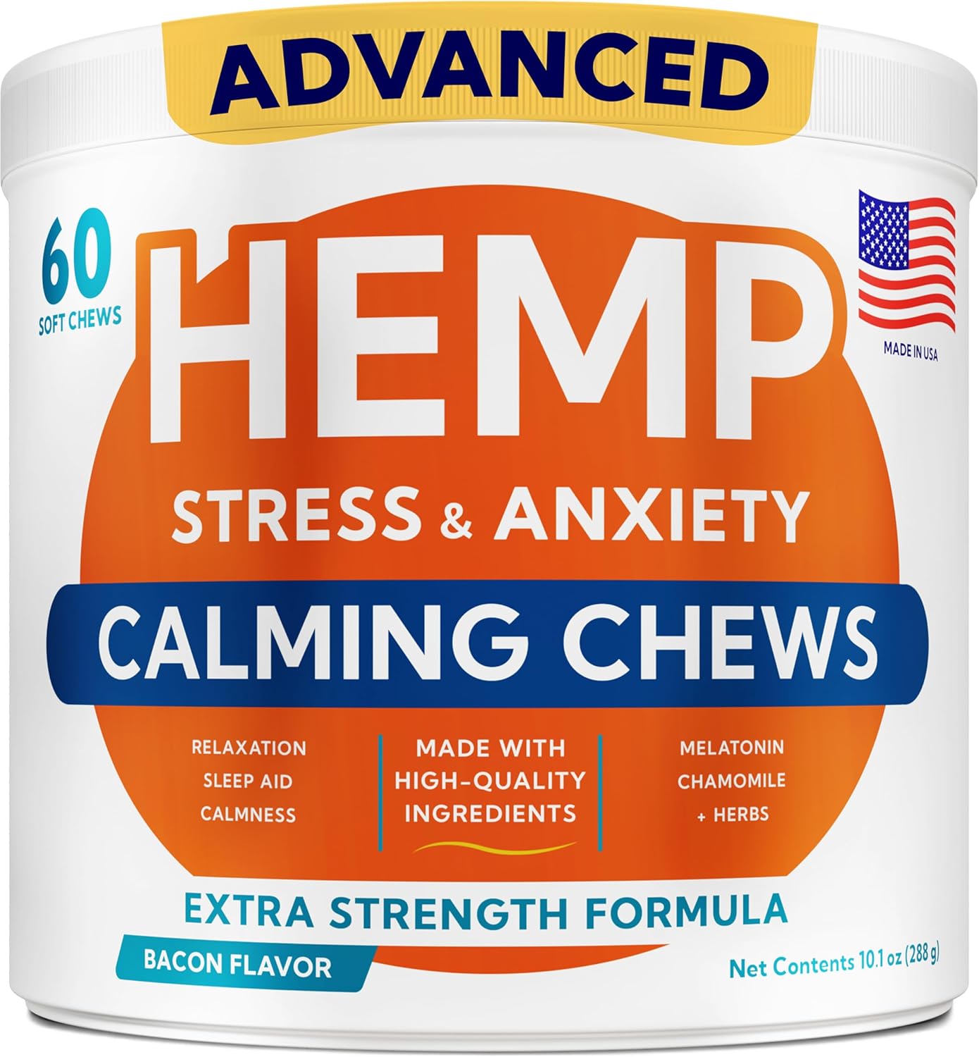 Advanced Calming Chews for Dogs - Hemp Treat + Melatonin + Valerian - Relaxing Bites - Calming Care - Anti-Anxiety & Stress Relief - Made in USA - Calm, Sleep Aid, Storms - 60Ct Advanced Calming Chews for Dogs - Hemp Treat + Melatonin + Valerian - Relaxing Bites - Calming Care - Anti-Anxiety & Stress Relief - Made in USA - Calm, Sleep Aid, Storms - 60Ct