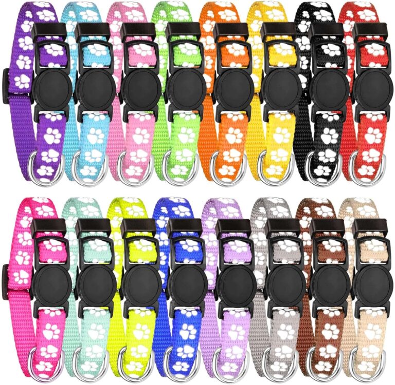 16 Pack Paw Print Safety Collars for Small Puppies, Nylon Breakaway ID Collars - Glow in The Dark (M)