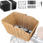 ZUKKA Rear Bike Basket Woven Bike Tail Basket with Watreproof or Cargo Net Large Capacity Bicycle Basket with Installation Tools Fits for Most Rear Bike Racks