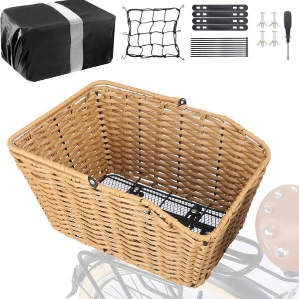 ZUKKA Rear Bike Basket Woven Bike Tail Basket with Watreproof or Cargo Net Large Capacity Bicycle Basket with Installation Tools Fits for Most Rear Bike Racks
