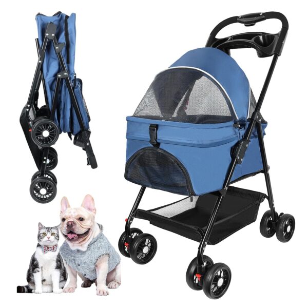 Pet Stroller for Cats/Dogs,4 Wheels Dog Cat Stroller for Up to 30lbs Small Medium Dogs Cats Foldable Puppy Strollers with Storage Basket and Cup Holder.(Blue)