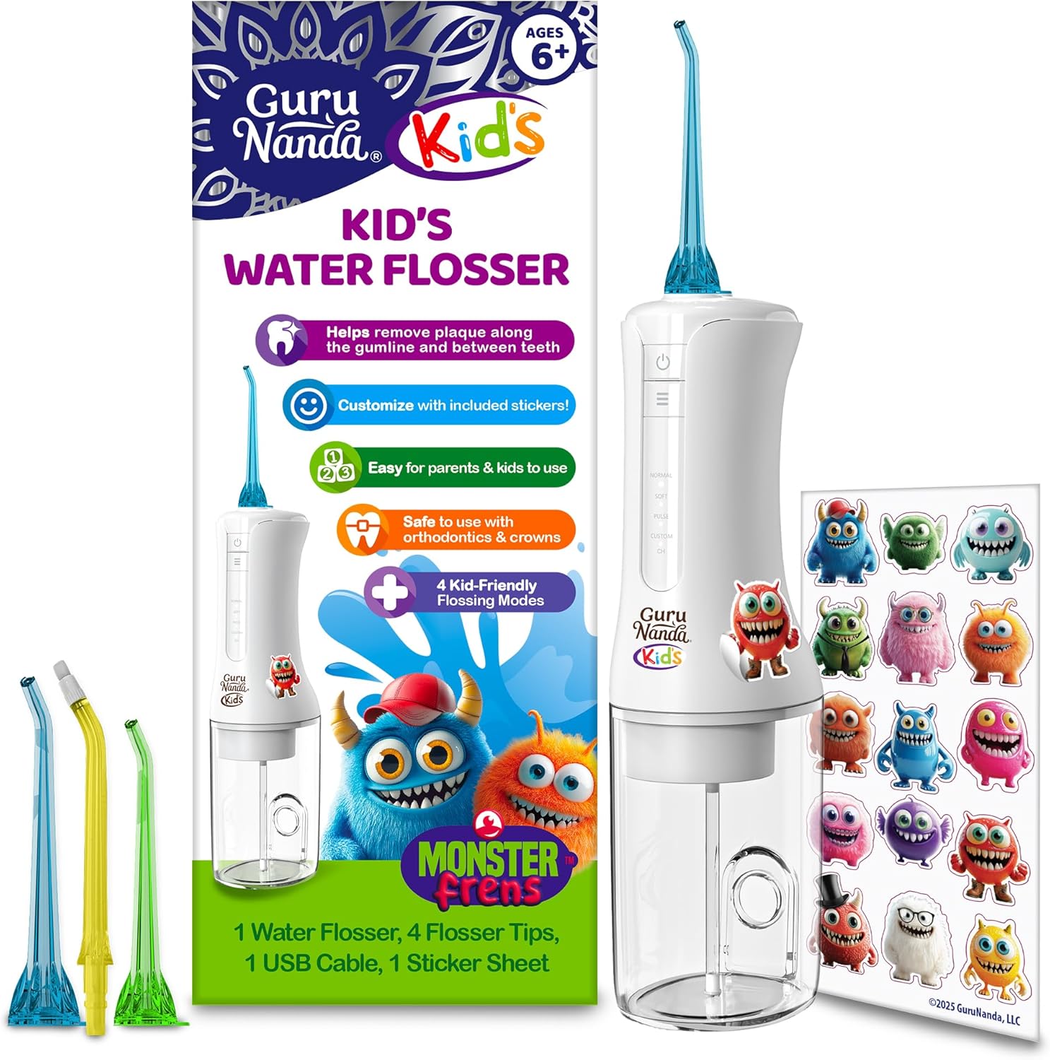 GuruNanda Kids Water Dental Flosser - 4 Flossing Modes, 4 Nozzles, 2-Min Smart Timer, Ages 6+, Monster Frens Theme, Portable Oral Care for Kids GuruNanda Kids Water Dental Flosser - 4 Flossing Modes, 4 Nozzles, 2-Min Smart Timer, Ages 6+, Monster Frens Theme, Portable Oral Care for Kids