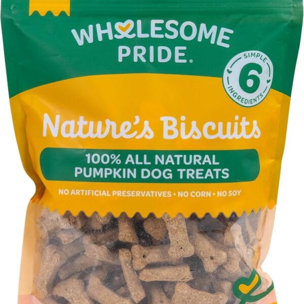 Wholesome Pride Natures Biscuits Pumpkin Dog Treats - Crunchy, Natural, LimitedIngredient, GrainInclusive Recipe with FiberRich Pumpkin - Mini BoneShaped Treats - 16oz Bag
