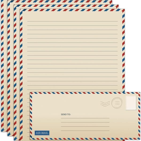 Better Office Products Vintage Airmail Stationery Paper Set, 100-Piece Set (50 Lined Sheets + 50 Matching Envelopes), Letter Size 8.5 x 11 inch, Double Sided & Lined Paper,