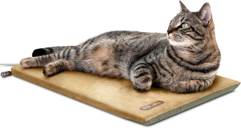 K&H Pet Products Heated Cat Bed Pad for Indoor Cats, Thermo-Kitty Mat Calming Warm Pet Heating Pad for Inside Pets, Machine Washable, Waterproof Heater, Safety Listed - 12.5 X 25in Sage/Tan
