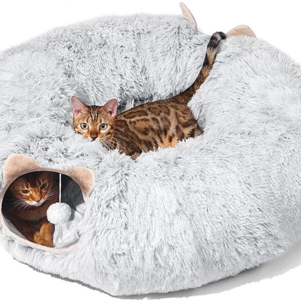 Cat Tunnel with Cat Bed for Indoor Cats, Under Christmas Tree Soft Plush Peekaboo Cat Cave Donut Tunnel, Multifunctional Playground Toys Hideplace for Kittens, Rabbit, Ferret (Grey)