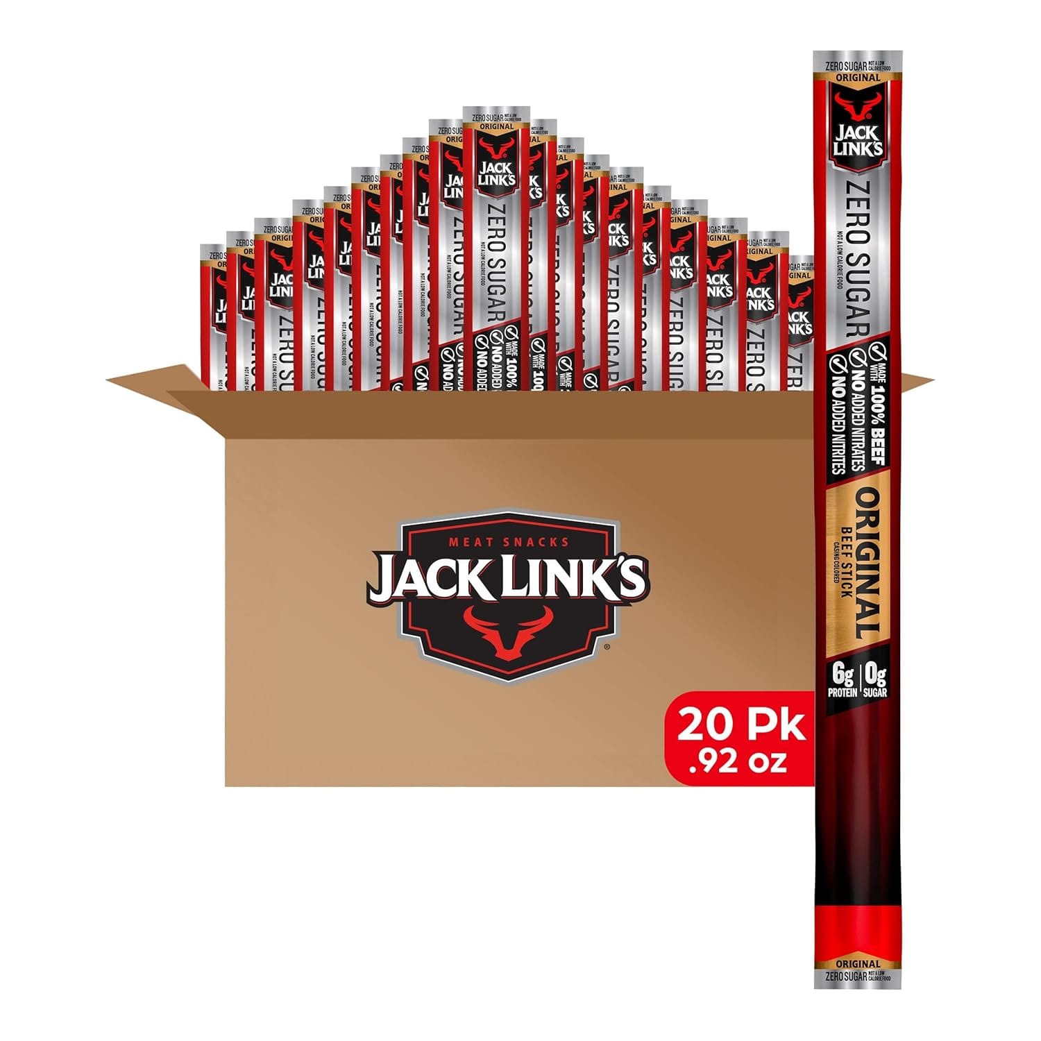 Jack Link's Beef Sticks, Original Zero Sugar - Protein Meat Snack, 5g of Protein, Meat Snack Sticks Made with 100% Beef, Keto, Paleo, Great Stocking Stuffers, Individually Wrapped - 0.92 Oz. (20 Count) Jack Link's Beef Sticks, Original Zero Sugar - Protein Meat Snack, 5g of Protein, Meat Snack Sticks Made with 100% Beef, Keto, Paleo, Great Stocking Stuffers, Individually Wrapped - 0.92 Oz. (20 Count)