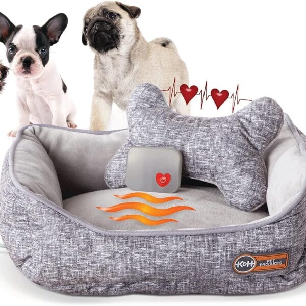 K&H Pet Products Mother's Heartbeat Heated Dog Bed with Bone Pillow Heartbeat Puppy Toy, New Puppy Essential Heated Puppy Bed + Dog Anxiety Toy - Gray 11 X 13 Inches w/ Small Breed Heartbeat Rhythm